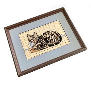VINTAGE Tabby CAT NEEDLEPOINT ART COMPLETE IN Wood FRAME & Blue Matted